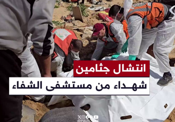 إنتشال جثامين عدد من الشهداء الذين تم دفنهم في ساحة مستشفى الشفاء في مدينة غزة