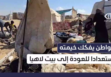 مراسل فلسطين اليوم عماد دلول يواكب لحظة تفكيك أحد المواطنين لخيمته استعدادا للعودة